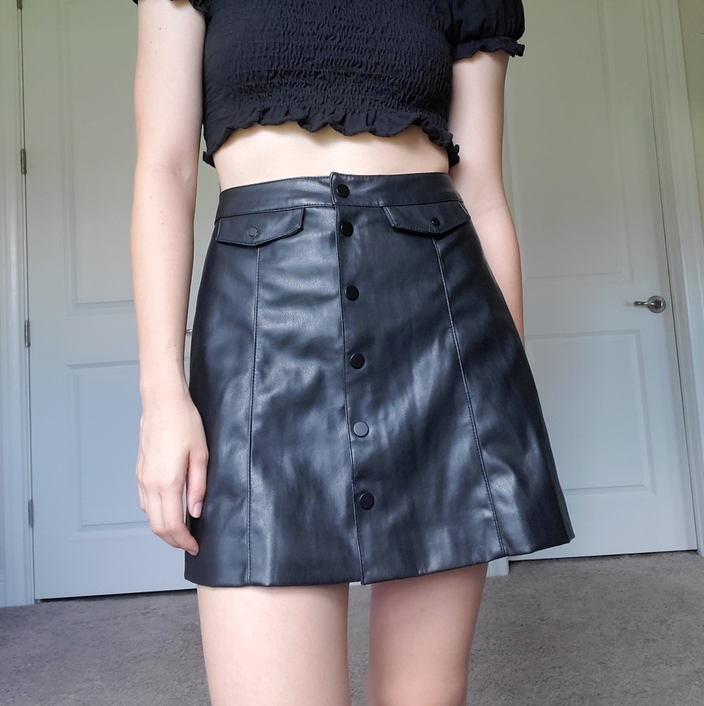 Pleather A-Line Button-Up Skirt